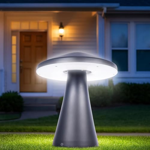 GIGAWATTS MUSROOM Outdoor Gate Light – 12W Integrated Light 101% Rust & Waterproof Die-Casting Aluminum, Polycarbonate Piller Lamp Base Mount Grey Exterior Fixture for Garden Boundary & Home Entrance - Image 1