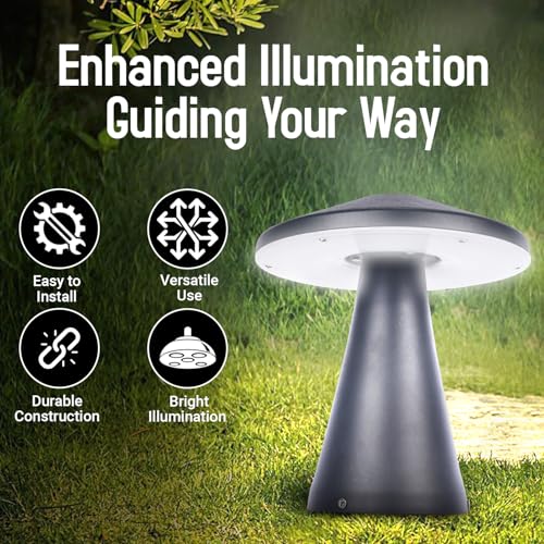 GIGAWATTS MUSROOM Outdoor Gate Light – 12W Integrated Light 101% Rust & Waterproof Die-Casting Aluminum, Polycarbonate Piller Lamp Base Mount Grey Exterior Fixture for Garden Boundary & Home Entrance - Image 2