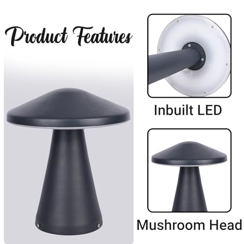 GIGAWATTS MUSROOM Outdoor Gate Light – 12W Integrated Light 101% Rust & Waterproof Die-Casting Aluminum, Polycarbonate Piller Lamp Base Mount Grey Exterior Fixture for Garden Boundary & Home Entrance - Image 4