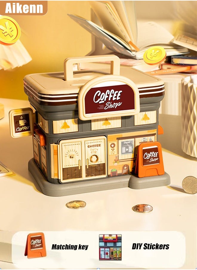 Aikenn Creative piggy bank piggy bank children's piggy bank toy diy large capacity children's piggy bank with key storage home decoration large capacity street view piggy bank children's toy children's piggy bank (brown)  - Image 1