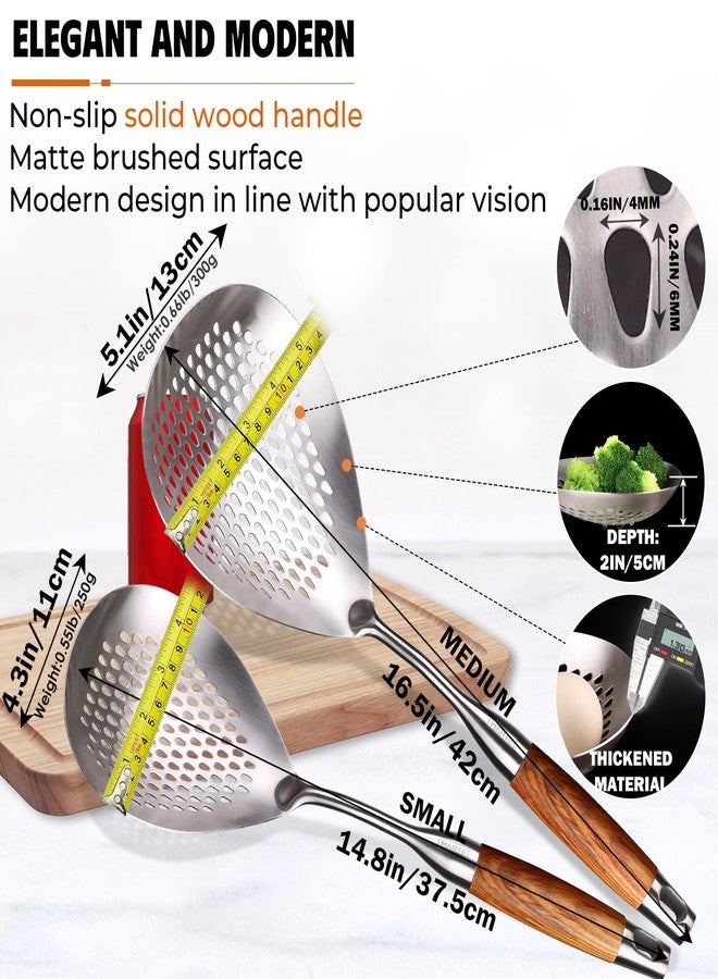 MARTE Skimmer Slotted Spoon,304 Stainless Steel Pasta Spider Strainer Ladle for Frying and Cooking,Kitchen Colanders & Food Strainers Set of 2，Slotted Spoon with Heat-Resistant Solid Wood Handle - Image 2