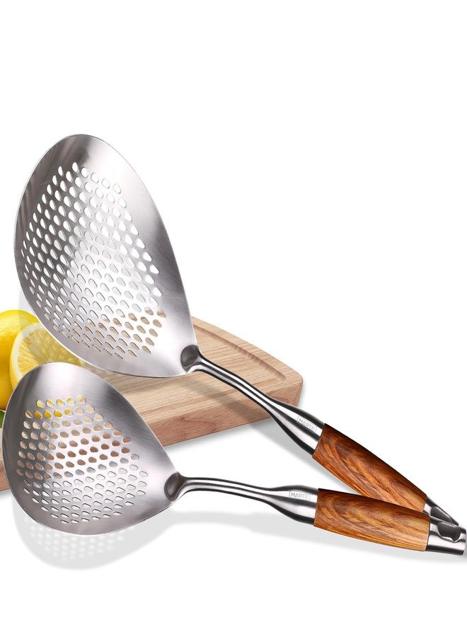 MARTE Skimmer Slotted Spoon,304 Stainless Steel Pasta Spider Strainer Ladle for Frying and Cooking,Kitchen Colanders & Food Strainers Set of 2，Slotted Spoon with Heat-Resistant Solid Wood Handle - Image 1