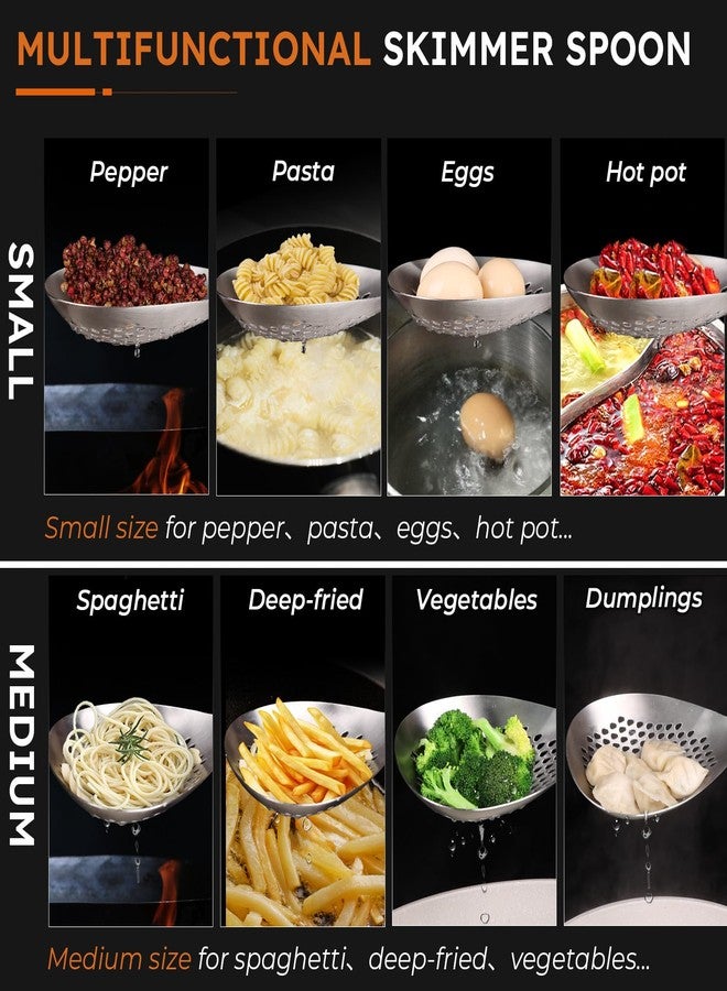 MARTE Skimmer Slotted Spoon,304 Stainless Steel Pasta Spider Strainer Ladle for Frying and Cooking,Kitchen Colanders & Food Strainers Set of 2，Slotted Spoon with Heat-Resistant Solid Wood Handle - Image 3