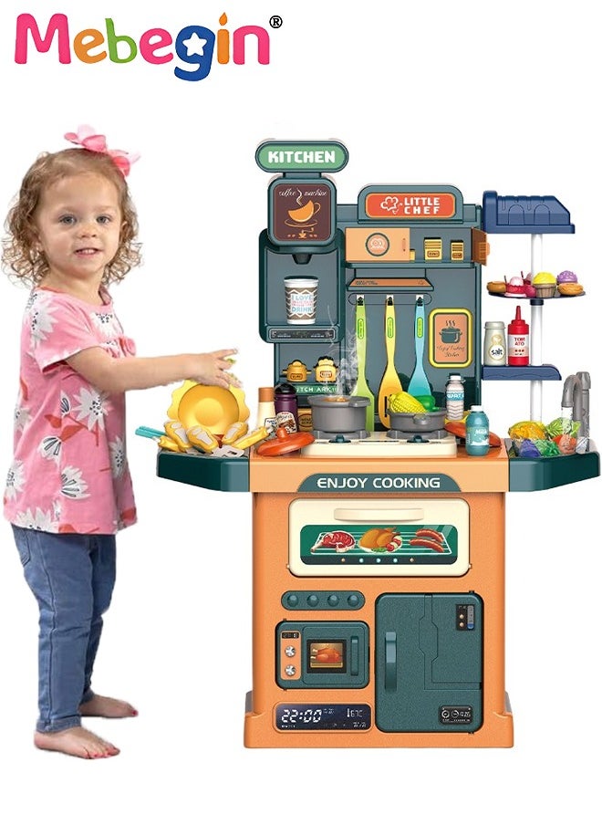 MEBEGIN 77 Pcs Kids Kitchen Playset Pretend Steam for Boys and Girls,lay Kitchen Toy with Realistic Lights Sounds Simulation of Spray and Play Sink, Pretend Play Food with Toddler  - Image 1