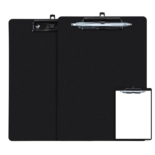 FRETONBA Black Clipboard with Pen Holder, 2 Pack Plastic Clipboard with Low Profile Metal Clip, Hanging Clip Boards Holds 8.5x11 Inch Papers, Standard A4 Letter Size Clip Boards for Offices & School - Image 1