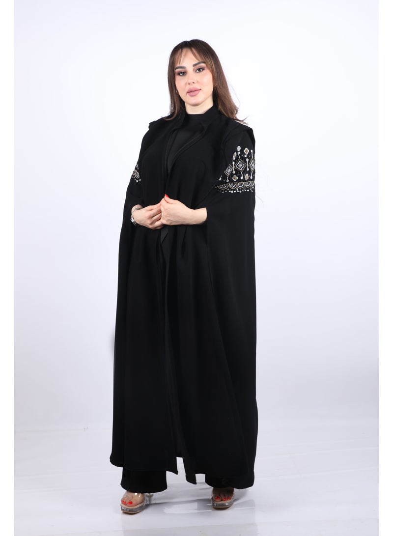 فول جوي عباية طويلة  ذات أناقة عصرية  ولمسات احترافية  بأكمام طويلة  واسعة مع طرحة ,أسود - Image 3