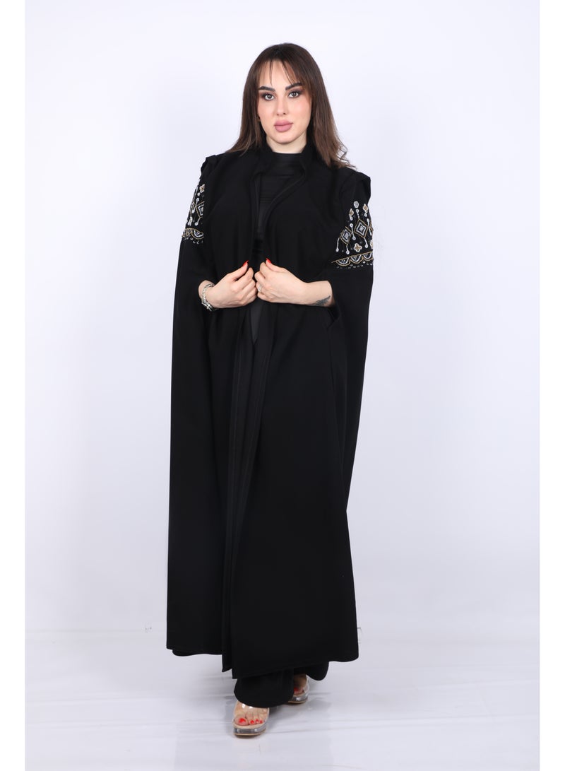 فول جوي عباية طويلة  ذات أناقة عصرية  ولمسات احترافية  بأكمام طويلة  واسعة مع طرحة ,أسود - Image 2