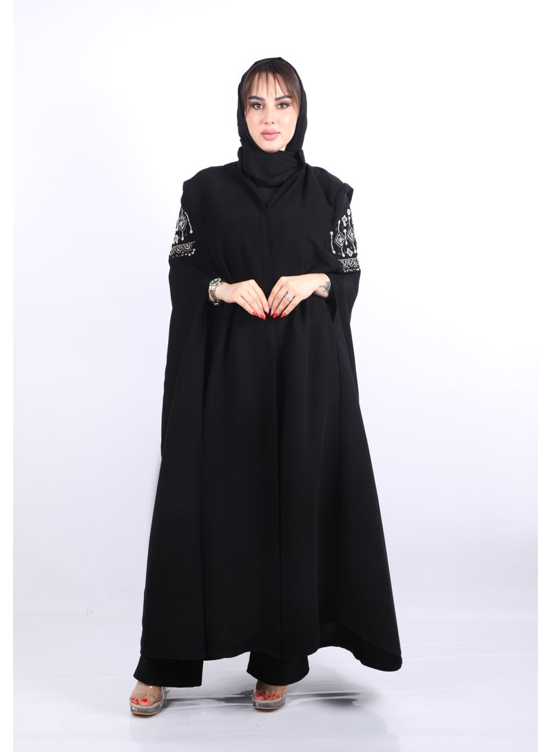 فول جوي عباية طويلة  ذات أناقة عصرية  ولمسات احترافية  بأكمام طويلة  واسعة مع طرحة ,أسود - Image 1