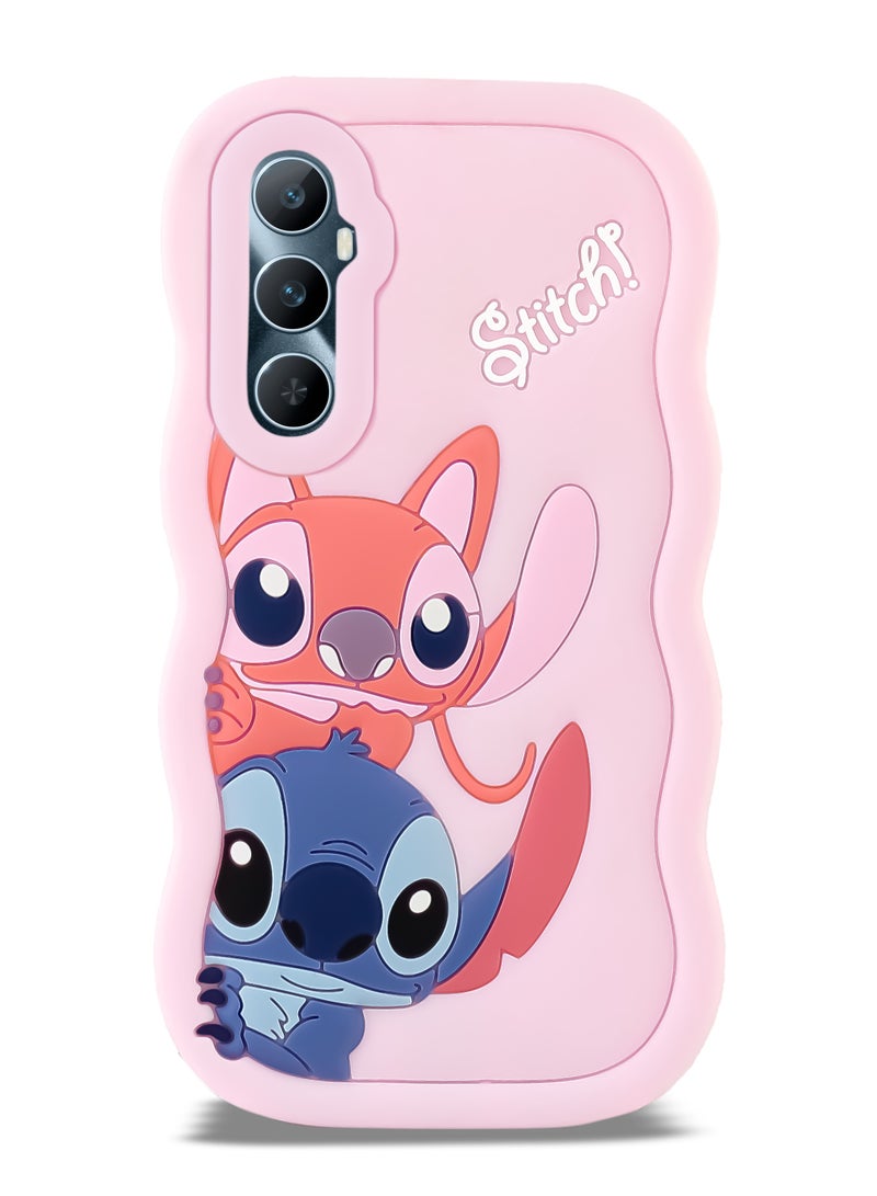 حافظة هاتف من السيليكون الناعم المتموج ثلاثية الأبعاد من Lilo and Stitch لهاتف Realme C65 (وردي فاتح)