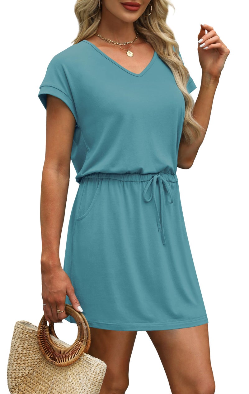 OFEEFAN Womens Summer Dresses 2025 Beach Vacation Clothes for Women Fashion V Neck T Shirts Casual Dress Short Sleeve Sundresses Coverup Loose Fit Blue XL - Image 4