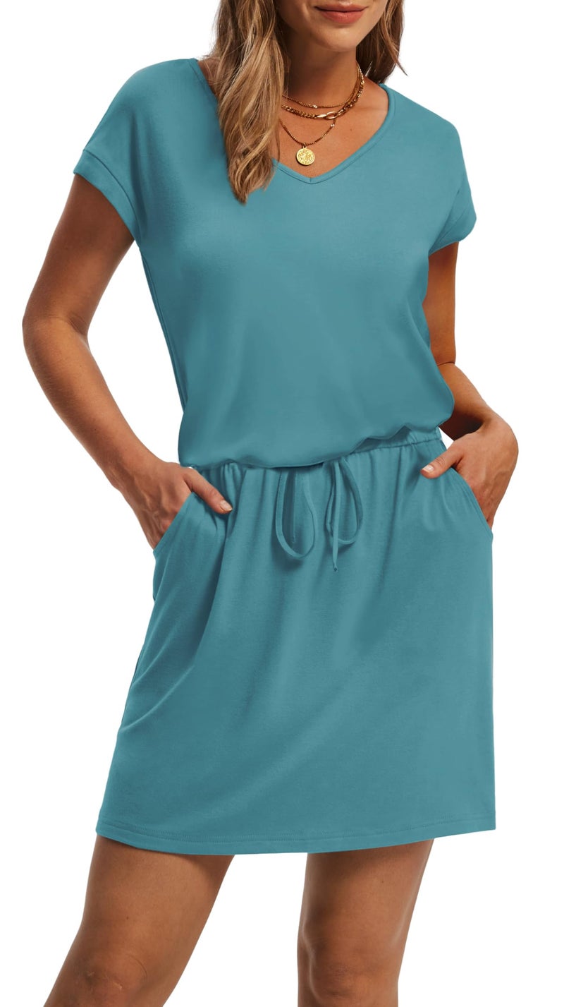 OFEEFAN Womens Summer Dresses 2025 Beach Vacation Clothes for Women Fashion V Neck T Shirts Casual Dress Short Sleeve Sundresses Coverup Loose Fit Blue XL - Image 3