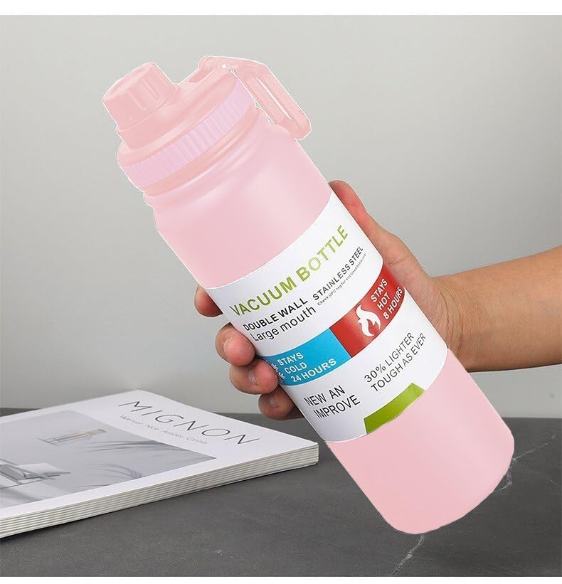 Jukusa Vacuum Insulated Stainless Steel Water Bottle, Double Wall Flask with Large Mouth, Hot 8 Hrs Cold 24 Hrs, Lightweight Leak-Proof Travel Sports Bottle for Office & Outdoor (Pink) - Image 2
