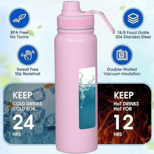 Jukusa Vacuum Insulated Stainless Steel Water Bottle, Double Wall Flask with Large Mouth, Hot 8 Hrs Cold 24 Hrs, Lightweight Leak-Proof Travel Sports Bottle for Office & Outdoor (Pink) - Image 3