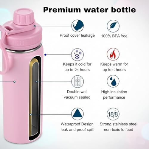 Jukusa Vacuum Insulated Stainless Steel Water Bottle, Double Wall Flask with Large Mouth, Hot 8 Hrs Cold 24 Hrs, Lightweight Leak-Proof Travel Sports Bottle for Office & Outdoor (Pink) - Image 4
