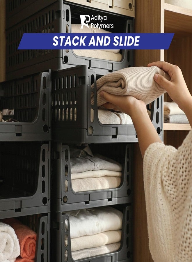 Aditya polymers-Pack of 2 pcs. Stack-It-All | Compact Multi Purpose Foldable Stackable Storage Stacker| Wardrobe Organizer| Sliding Tray Basket with Wheels (40l X 29W X 15.5H cms) Grey - Image 3