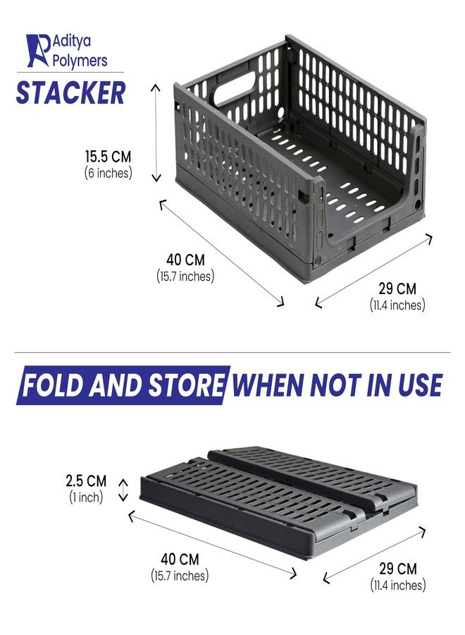 Aditya polymers-Pack of 2 pcs. Stack-It-All | Compact Multi Purpose Foldable Stackable Storage Stacker| Wardrobe Organizer| Sliding Tray Basket with Wheels (40l X 29W X 15.5H cms) Grey - Image 4