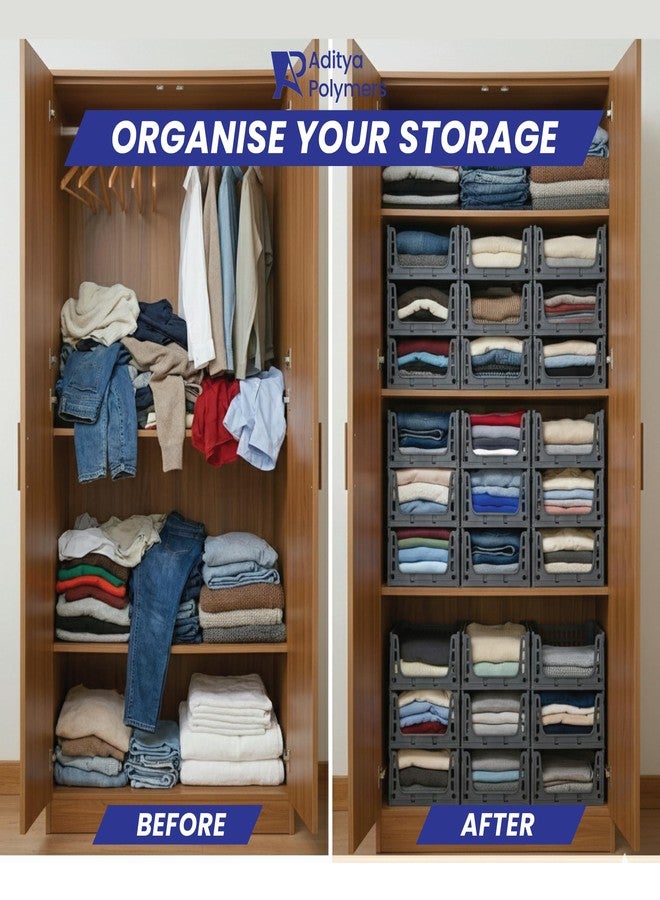 Aditya polymers-Pack of 2 pcs. Stack-It-All | Compact Multi Purpose Foldable Stackable Storage Stacker| Wardrobe Organizer| Sliding Tray Basket with Wheels (40l X 29W X 15.5H cms) Grey - Image 2