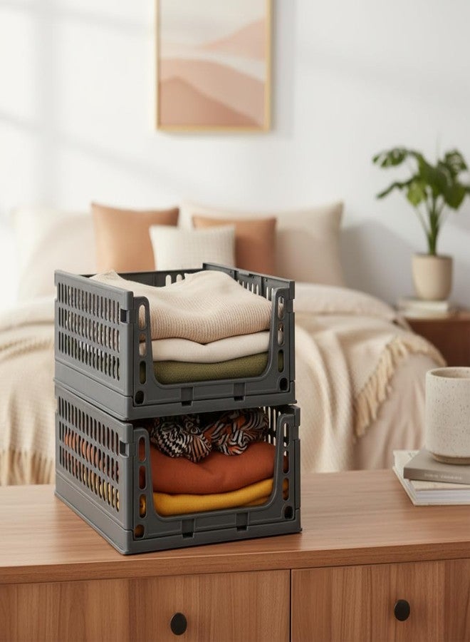 Aditya polymers-Pack of 2 pcs. Stack-It-All | Compact Multi Purpose Foldable Stackable Storage Stacker| Wardrobe Organizer| Sliding Tray Basket with Wheels (40l X 29W X 15.5H cms) Grey - Image 1