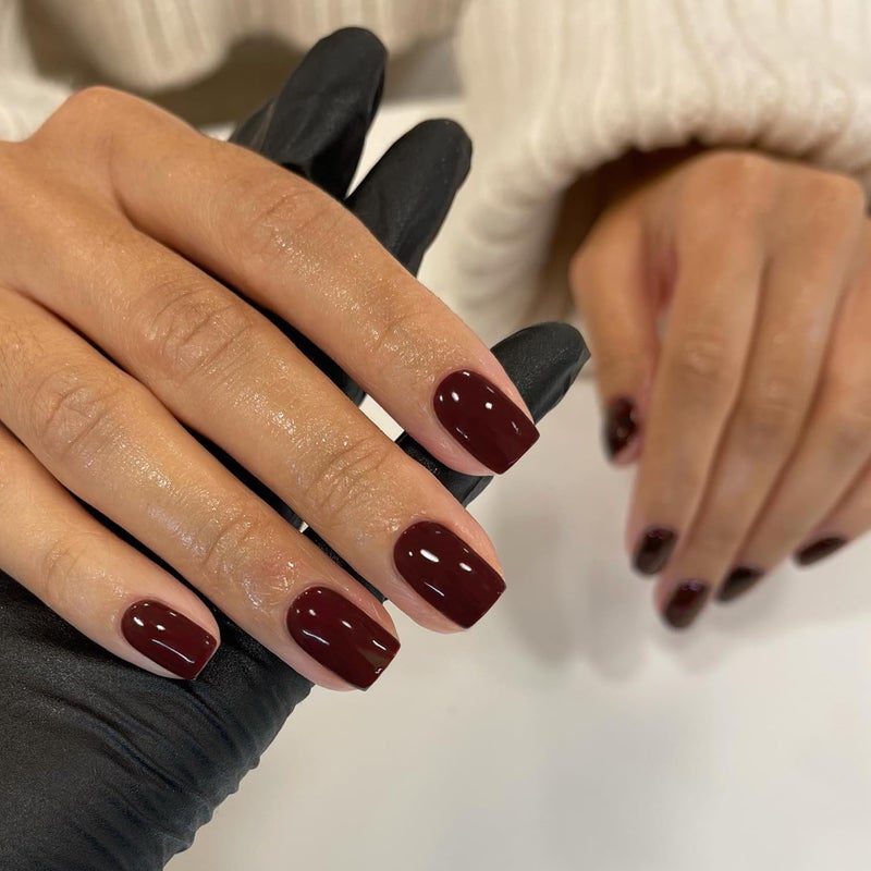 XCREANDO 48Pcs Burgundy Red Press on Nails Short Square Fake Nails, Dark Red Glue on Acrylic Nails Stick on for Women, Natural Handmade Thick Extra Short Nails - Image 2