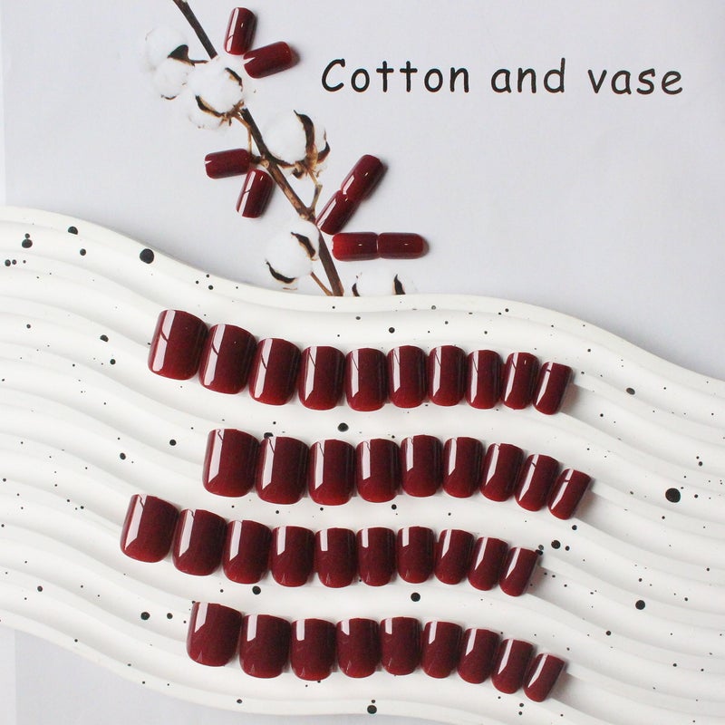 XCREANDO 48Pcs Burgundy Red Press on Nails Short Square Fake Nails, Dark Red Glue on Acrylic Nails Stick on for Women, Natural Handmade Thick Extra Short Nails - Image 5