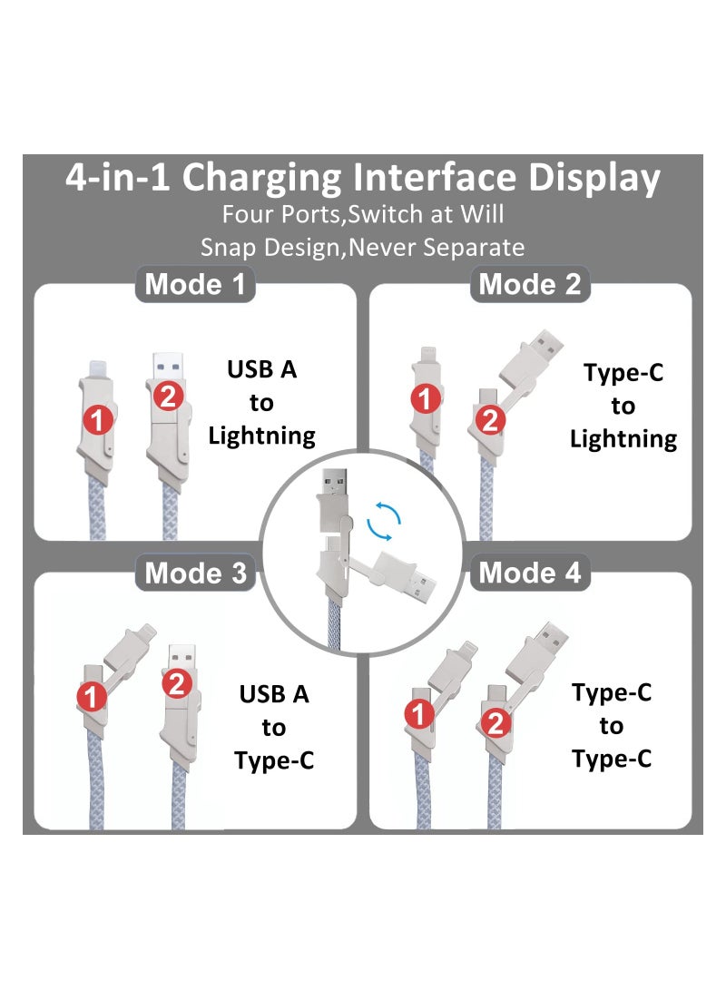 SYOSI 4 in 1 USB C Charging Cable, 60W Fast Charging & Data Sync, Flat Braided Anti-Tangle Charger Cord, Multi Charging Cable, with Lightning/Type C/USB A Ports (3.3ft),  USB C Fast Charging Cable - Image 4