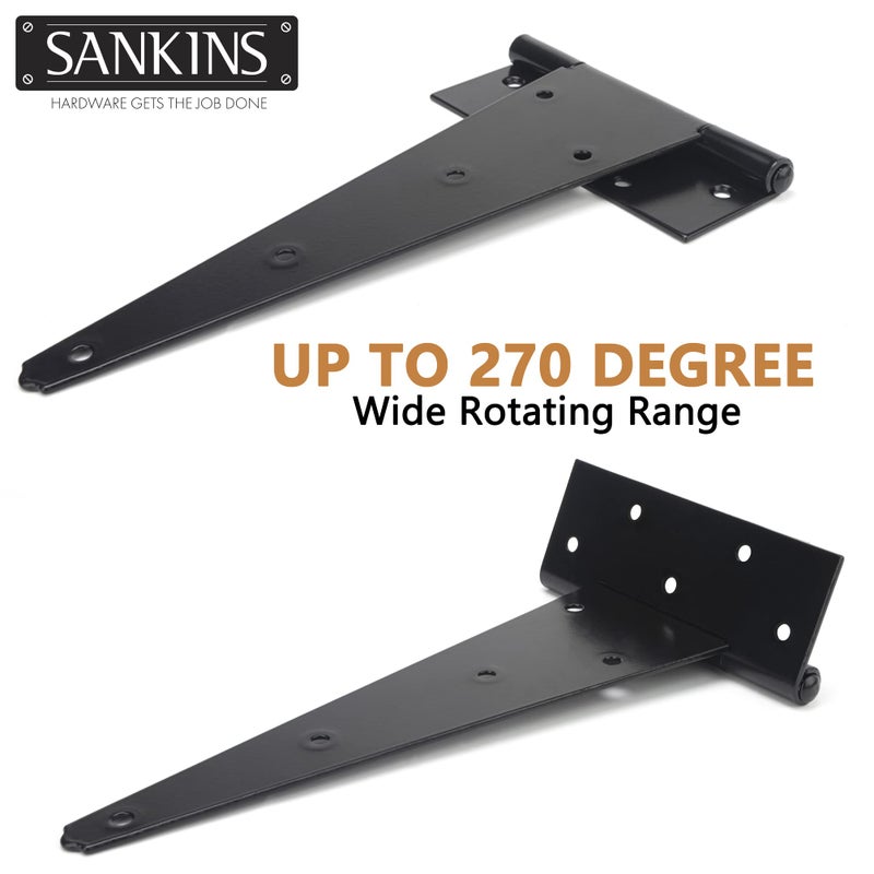 Sankins 12 Inch T-Strap Shed Door Hinges Heavy Duty  Black Tee Hinge For Wooden Fences  Yard Door  Barn Door Gates  Wrought Hardware Rustproof  6 Pcs - Image 2