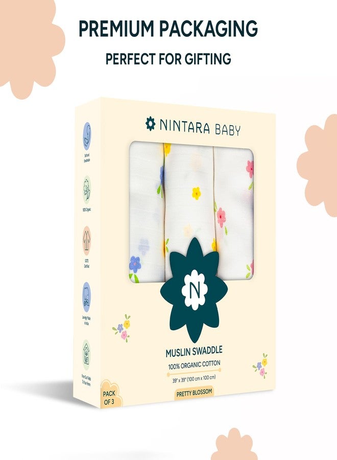 NINTARABABY أغطية تقميط نينتارابي - قطن موسلين عضوي فاخر 100%، 100 سم × 100 سم، فائقة النعومة، تسمح بمرور الهواء وخفيفة الوزن، مضادة للحساسية، هدية مثالية للمواليد الجدد من الإناث، عبوة من 3 قطع - Image 4