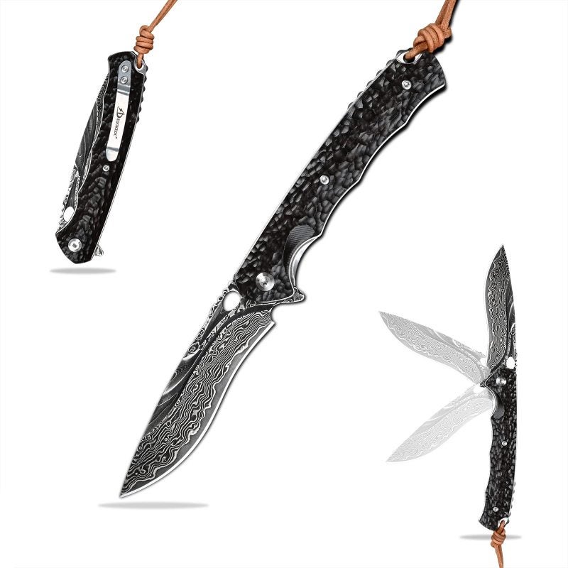Damascus Folding Knife: 67-Layer Japanese Damascus Steel VG10 Core 60–61HRC, Hand-Carved Black Ebony Handle, One-Handed Ball Bearing Deployment - Secure Liner Lock, Low-Profile Pocket Clip for EDC, Ou - Image 1