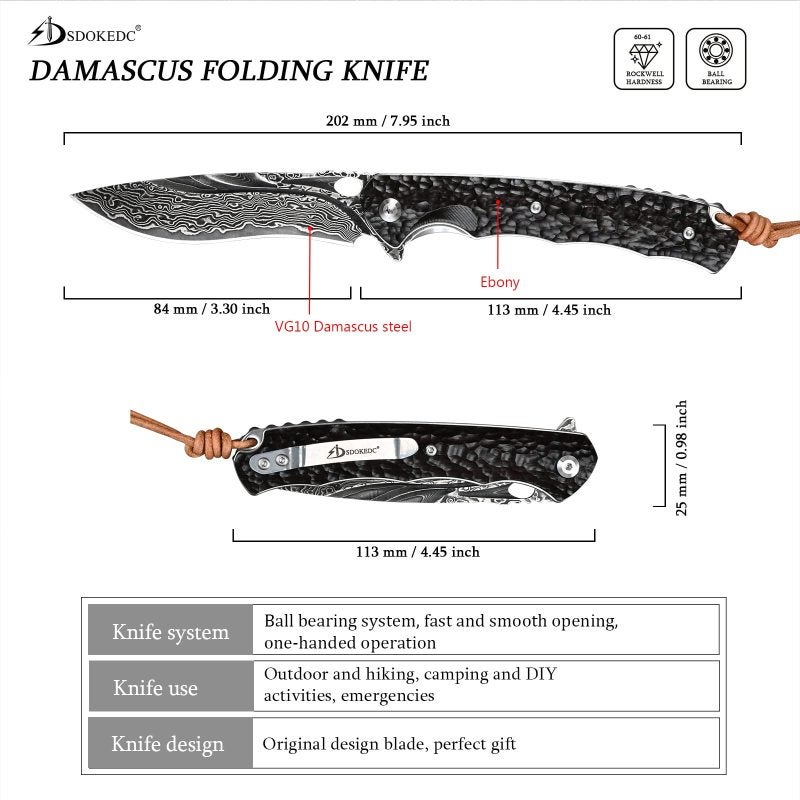 Damascus Folding Knife: 67-Layer Japanese Damascus Steel VG10 Core 60–61HRC, Hand-Carved Black Ebony Handle, One-Handed Ball Bearing Deployment - Secure Liner Lock, Low-Profile Pocket Clip for EDC, Ou - Image 2