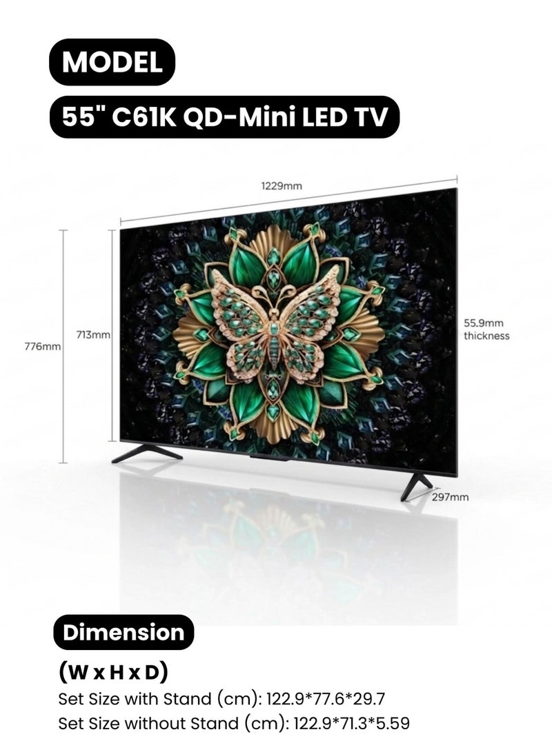 TCL 55-inch C61K Premium QD-Mini LED 4K Smart TV (2026 Model - UAE Version) 55C61K Google TV With AiPQ Pro Processor, Matte HVA Panel, ONKYO 2.1 Hi-Fi System, 144Hz - TCL 55" 4K QD-Mini LED Smart TV 55C61K Black - Image 2