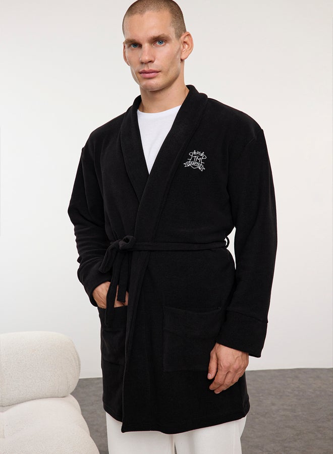 trendyol Black Embroidered Wellsoft Winter Polar Dressing Gown - Image 2