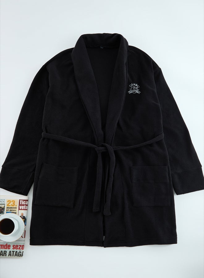 trendyol Black Embroidered Wellsoft Winter Polar Dressing Gown - Image 5
