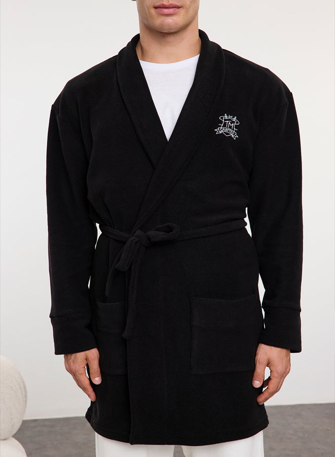 trendyol Black Embroidered Wellsoft Winter Polar Dressing Gown - Image 3