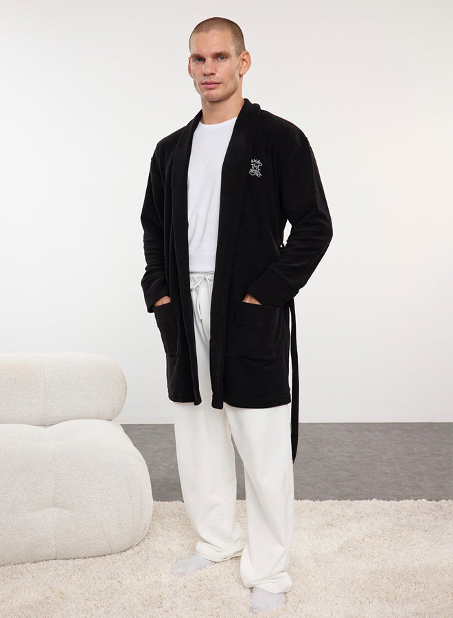 trendyol Black Embroidered Wellsoft Winter Polar Dressing Gown - Image 1