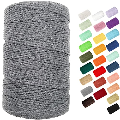 BYWORLD 3mm Cotton Rope, 220 Yards(200m) Twine String, 100% Natural Cotton Colored Macrame Rope for Plant Hangers, Wall Hanging, Christmas or Wedding Decorative(Grey) - Image 1