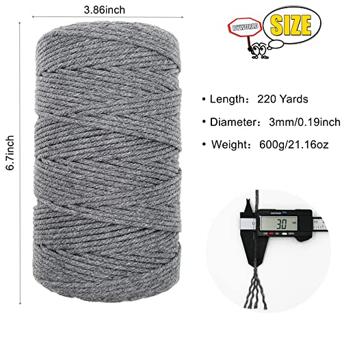 BYWORLD 3mm Cotton Rope, 220 Yards(200m) Twine String, 100% Natural Cotton Colored Macrame Rope for Plant Hangers, Wall Hanging, Christmas or Wedding Decorative(Grey) - Image 2