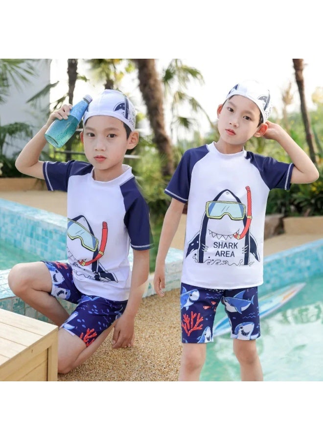 Loquat Children's Swimwear Boys Small Middle And Large Children Split Sun Protection Boys Quick-drying Hot Spring Swimming Suit Boys Wholesale-Color:Su Pin Lake Blue- - Image 4