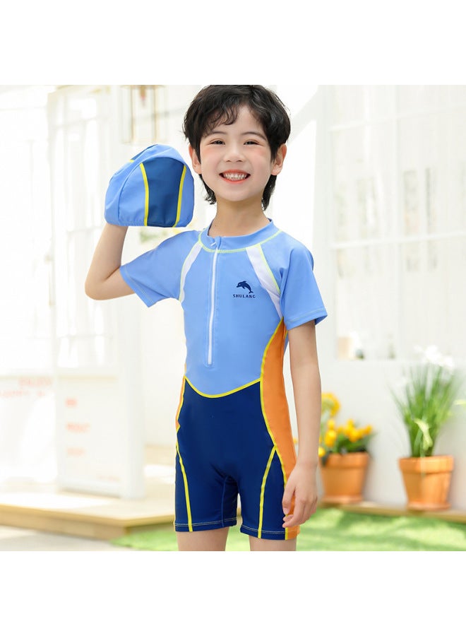 Loquat Children's Swimwear Boys Small Middle And Large Children Split Sun Protection Boys Quick-drying Hot Spring Swimming Suit Boys Wholesale-Color:Su Pin Lake Blue- - Image 1