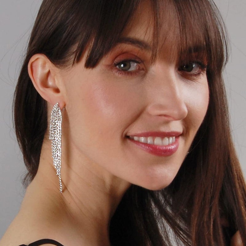 Humble Chic NY Humble Chic Simulated Diamond Earrings - Darling Waterfall Tassel CZ Statement Chandelier Studs, Silver - Image 2