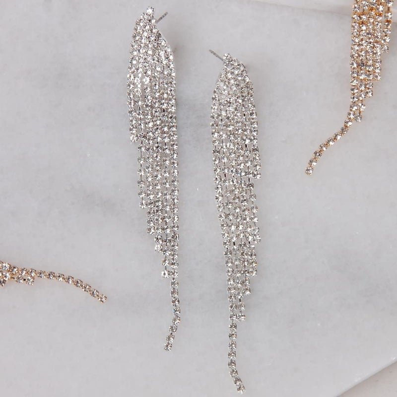 Humble Chic NY Humble Chic Simulated Diamond Earrings - Darling Waterfall Tassel CZ Statement Chandelier Studs, Silver - Image 3