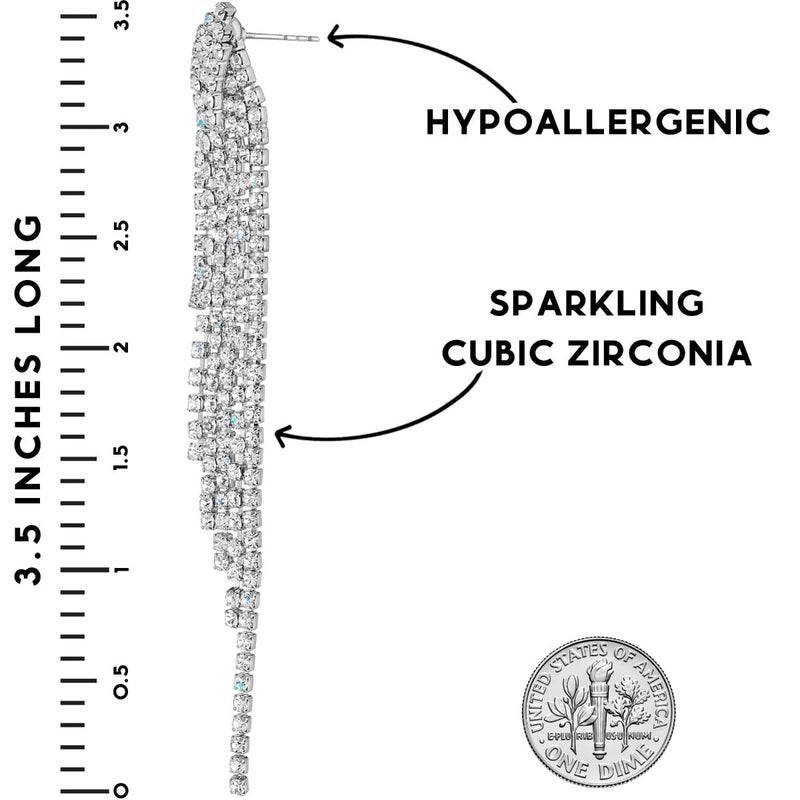 Humble Chic NY Humble Chic Simulated Diamond Earrings - Darling Waterfall Tassel CZ Statement Chandelier Studs, Silver - Image 4