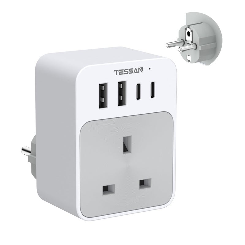 AE to European Plug Adapter 5 in 1 Travel Adapter with 2 USB C and 2 USB A 3600W European Plug Adaptor Type E F Travel for Spain France Turkey Germany