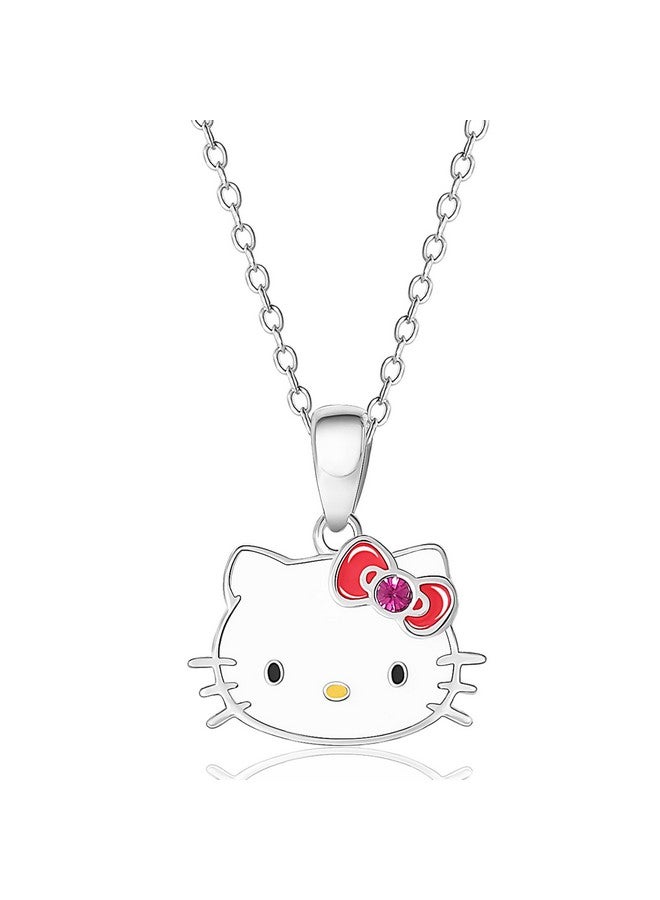 Hello Kitty قلادة نسائية من سانريو بترخيص رسمي، قلادة مطلية بالفضة مع قلادة من المينا والكريستال - Image 1
