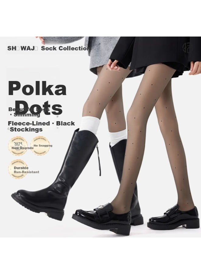 Picking up socks Shiwa Ji Polka Dot Black Sheer Leggings Women's Autumn Winter Fleece-lined Black Transparent Tights Anti-snag Slimming Single-layer Base Pants Tights - Image 1