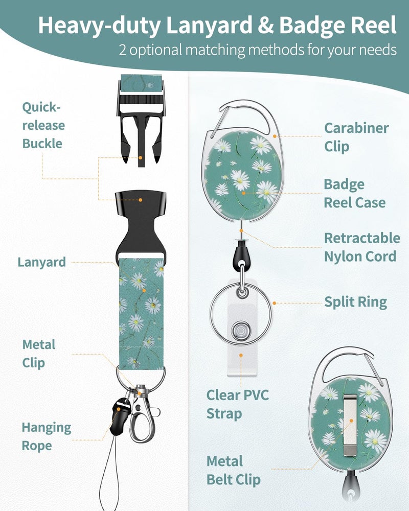 Uniclife Floral Sliding Badge Holder White Daisy Plastic Case with Retractable Badge Reel Carabiner Clip & Detachable Lanyard Strap Fashionable Vertical Card Protector for Women Nurse Teacher Student - Image 5