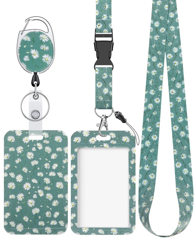 Uniclife Floral Sliding Badge Holder White Daisy Plastic Case with Retractable Badge Reel Carabiner Clip & Detachable Lanyard Strap Fashionable Vertical Card Protector for Women Nurse Teacher Student - Image 1