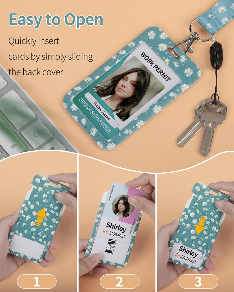 Uniclife Floral Sliding Badge Holder White Daisy Plastic Case with Retractable Badge Reel Carabiner Clip & Detachable Lanyard Strap Fashionable Vertical Card Protector for Women Nurse Teacher Student - Image 2