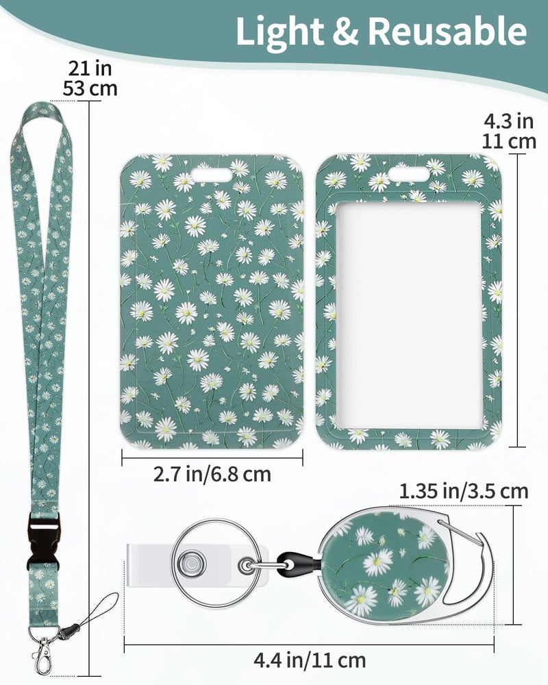 Uniclife Floral Sliding Badge Holder White Daisy Plastic Case with Retractable Badge Reel Carabiner Clip & Detachable Lanyard Strap Fashionable Vertical Card Protector for Women Nurse Teacher Student - Image 3
