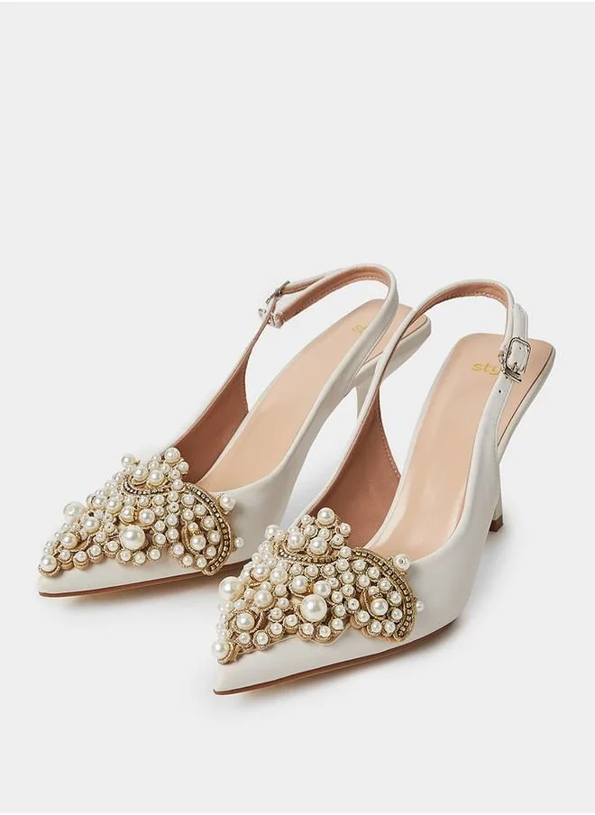 ستايلي Pearl Embellished Mid Heel Sling Back Pumps