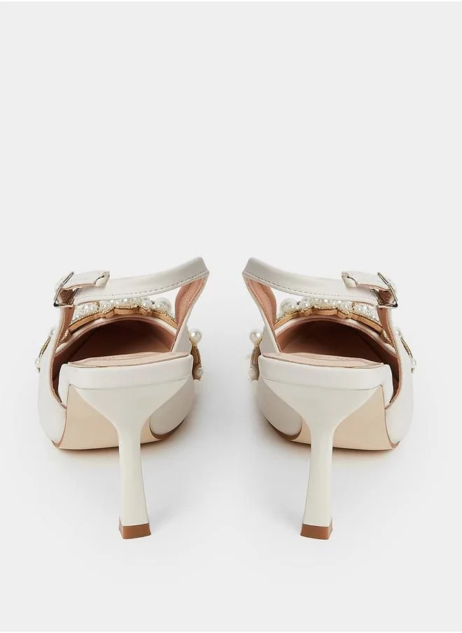 ستايلي Pearl Embellished Mid Heel Sling Back Pumps